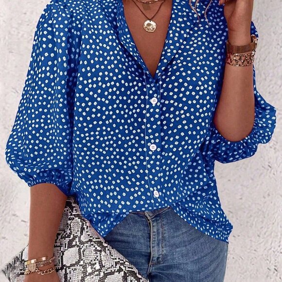 Tops - Blue Boho Women's Floral Single Button Casual Mid-Sleeve Shirt